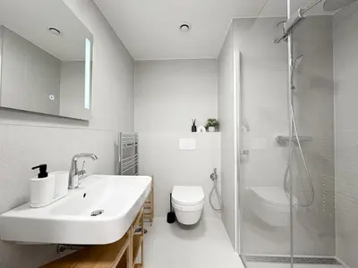 a bathroom with a sink and a toilet and a shower at REAL Living by REFA Karlin 208 in Prague