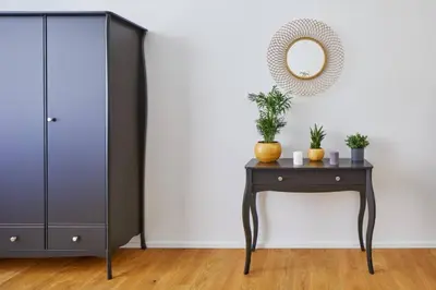 a black table with plants on it and a mirror at Modern & Elegant, 3 min of Wenceslas Square in Prague