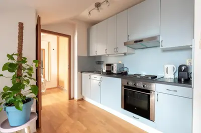 a kitchen with white appliances and a potted plant at Morya Sky Apartment in Prague