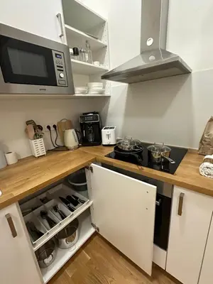 a kitchen with a stove and a microwave at Prague 1 Center Modern 2BR Apartment with Panoramic Museum View and King Bed in Prague