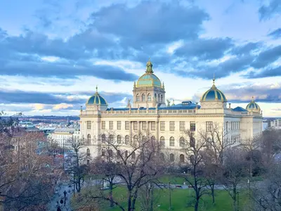 a building with gold domes on top of it at Prague 1 Center Modern 2BR Apartment with Panoramic Museum View and King Bed in Prague