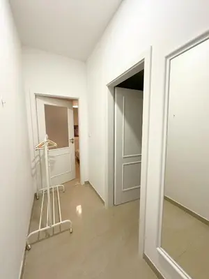 a dressing room with a mirror and a closet at Small City Apartment in Prague