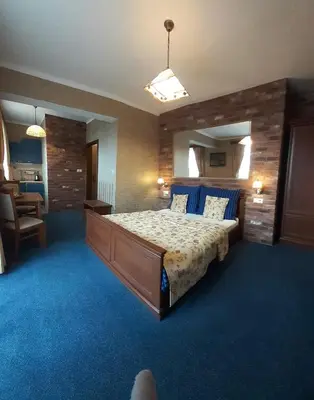 a bedroom with a large bed with blue carpet at Penzion Aurooms in Zlatníky