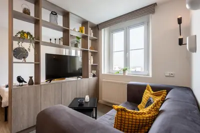 a living room with a couch and a tv at Sunset View Apartment in Prague