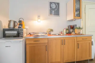 a kitchen with wooden cabinets and a sink and a microwave at 1 Bed Flat - Sleeps 3 - Pets - Wifi in Prague