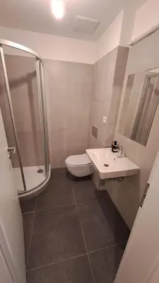 a bathroom with a shower and a toilet and a sink at Apartmán u letiště in Tuchoměřice