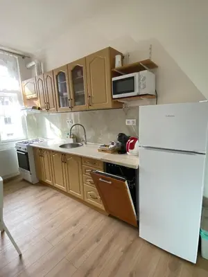 a kitchen with a white refrigerator and wooden cabinets at Apartment Ípák in Prague