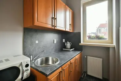 a small kitchen with a sink and a window at Old Town Astronomical Clock Cathedral View Balcony in Prague