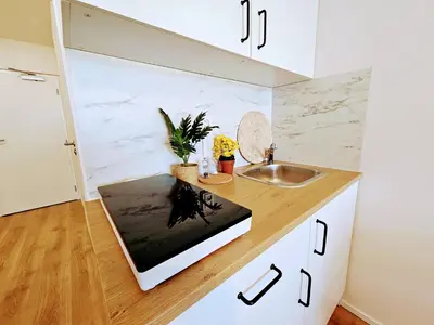 a kitchen with a sink and a counter top at LIVE-INN PRAGUE DELUXE SUITE FOR 1-4 GUESTS, 20 Mins to center, Lift, Gym, Reception, Parking, Roof Terrace, Game & Party in Prague