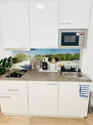 a kitchen counter with a sink and a microwave at New Design apartment right next Wenceslas Square in Prague