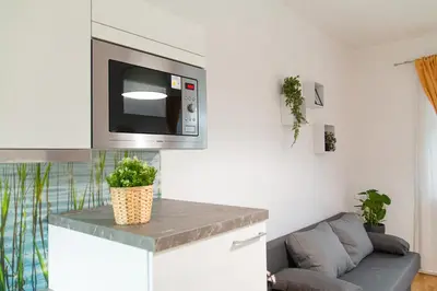 a living room with a couch and a microwave at Cozy Retreat by Wenceslas Square in Prague