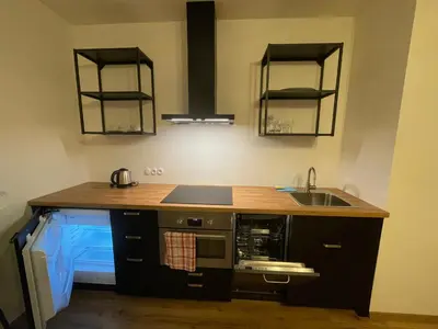a kitchen with a sink and a stove top oven at New Apartment near to Elbe bicycle path in Roudnice nad Labem
