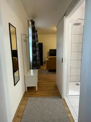a hallway with a living room with a couch at New Apartment near to Elbe bicycle path in Roudnice nad Labem