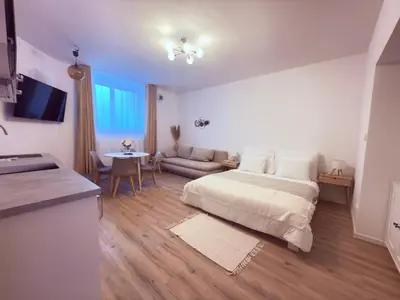 a bedroom with a bed and a couch and a table at Cosy Cave Station in Prague 5 in Prague