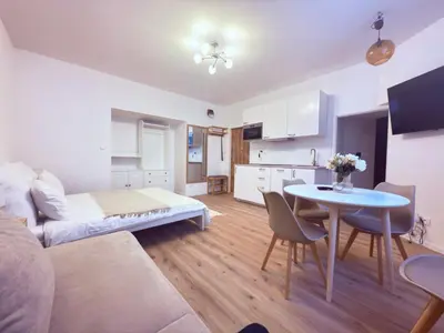 a living room with a bed and a table and a kitchen at Cosy Cave Station in Prague 5 in Prague