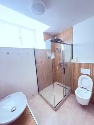 a bathroom with a shower and a toilet and a sink at Cosy Cave Station in Prague 5 in Prague