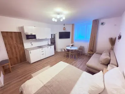 a living room with a bed and a couch and a table at Cosy Cave Station in Prague 5 in Prague
