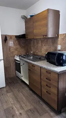 a kitchen with a stove and a microwave at Sleep & Go Czech Republic - Praha - západ in Jeneček