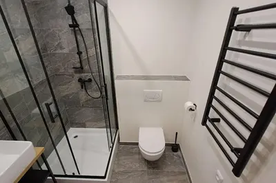a bathroom with a toilet and a glass shower at Contemporary Zizkov Studio -001- in Prague