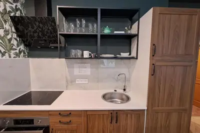 a kitchen with a sink and a counter top at Contemporary Zizkov Studio -001- in Prague