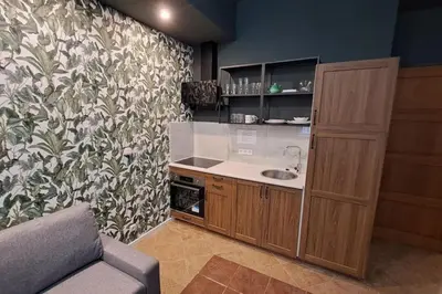 a small kitchen with a sink and a couch at Contemporary Zizkov Studio -001- in Prague