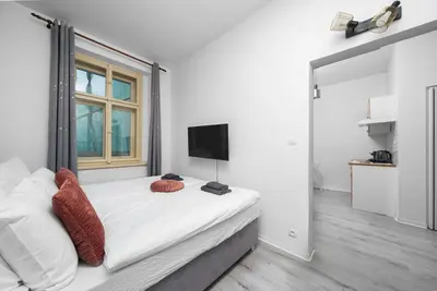 a kitchen with white walls and wooden floors and windows at Cozy Studio near City in Prague