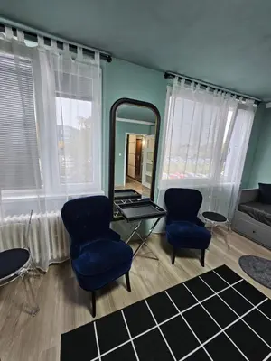 a living room with two chairs and a mirror at Westfield apartment in Prague