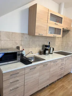 a kitchen with a sink and a microwave at Sleep & Go Czech Republic - Korycany in Neratovice