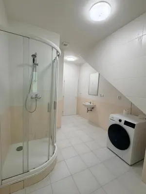 a bathroom with a shower and a washing machine at Sleep & Go Czech Republic - Korycany in Neratovice