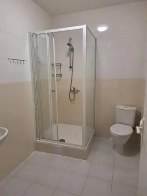 a bathroom with a shower and a toilet at Sleep & Go Czech Republic - Mořina in Mořina