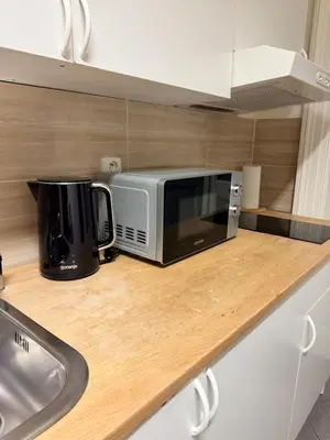 a microwave sitting on top of a kitchen counter at Sleep & Go Czech Republic - Praha 5 Anděl in Prague