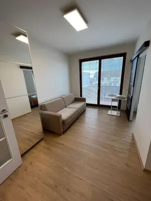 a living room with a couch and a mirror at Bright & Cosy 1-Bedroom Apartment with Balcony in Prague