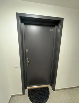 a black door with the number on it at Bright & Cosy 1-Bedroom Apartment with Balcony in Prague