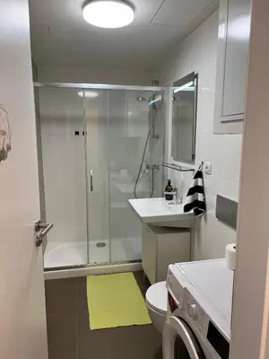 a bathroom with a shower and a toilet and a sink at Bright & Cosy 1-Bedroom Apartment with Balcony in Prague