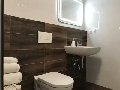 a bathroom with a toilet and a sink at Romantic apartment by the city center in Prague