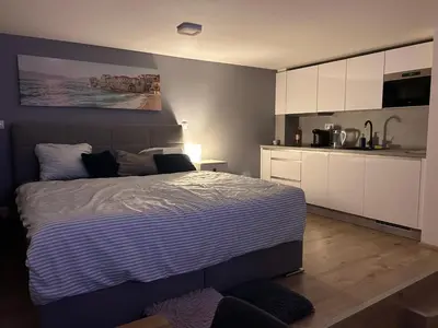 a bedroom with a large bed and a kitchen at Romantic apartment by the city center in Prague
