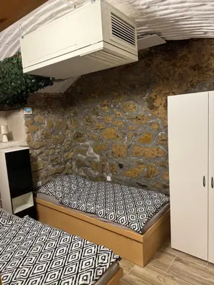a room with two beds and a stone wall at Suterénní apartmán na Hejtmánce u letiště v Mladé Boleslavi in Mladá Boleslav