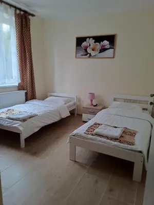 a bedroom with two beds and a picture on the wall at HaKhanhFamily in Prague