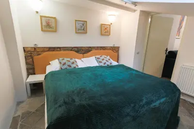 a bedroom with a bed with a green blanket at Luxury 1 bedroom apartment in Central Prague in Prague