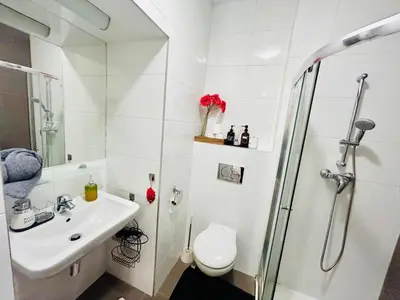 a bathroom with a shower and a toilet and a sink at Luxury and cozy apartment Vinohrady Prague in Prague