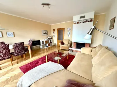 a living room with a couch and a fireplace at Útulný byt pár kroků od lázeňské fontány in Poděbrady