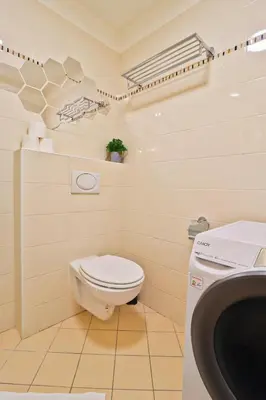 a bathroom with a toilet and a sink at A comfy apartment in Smíchov - Anděl in Prague