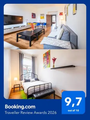a collage of two pictures of a hotel room at PavlaCzech Art Apartment in Prague