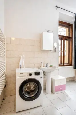 a washing machine in a bathroom with a sink at Royal Charlie Suite in Prague