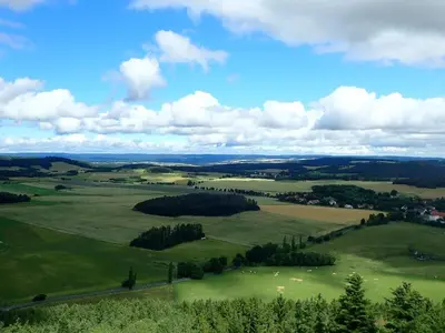 an aerial view of a green field with trees at Útulný apartmán na Slapech in Čím