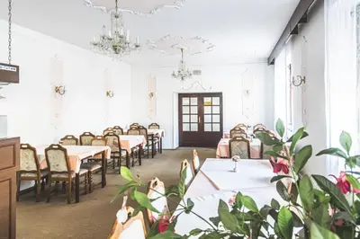a room with tables and chairs in a room with plants at Hotel Bohemia in Stará Boleslav