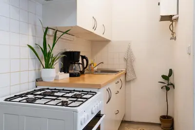 a white kitchen with a stove and a sink at Cozy warm studio in Prague city center in Prague