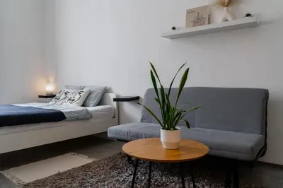 a living room with a couch and a table with a plant at Cozy warm studio in Prague city center in Prague