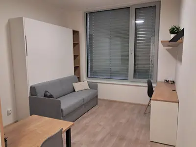 a living room with a couch and a table at Modern flat with Rooftop Terrace in Prague