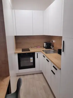 a small kitchen with white cabinets and a sink at Modern flat with Rooftop Terrace in Prague